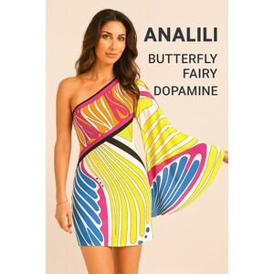 Analili Womans Dress Sz M One Shoulder Slinky Dopamine Butterfly Fairy USA Retro
